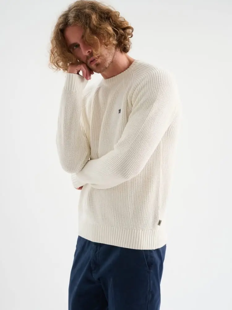 maglia raglan con lavorazione a costa inglese in filato di cotone effetto stone panna