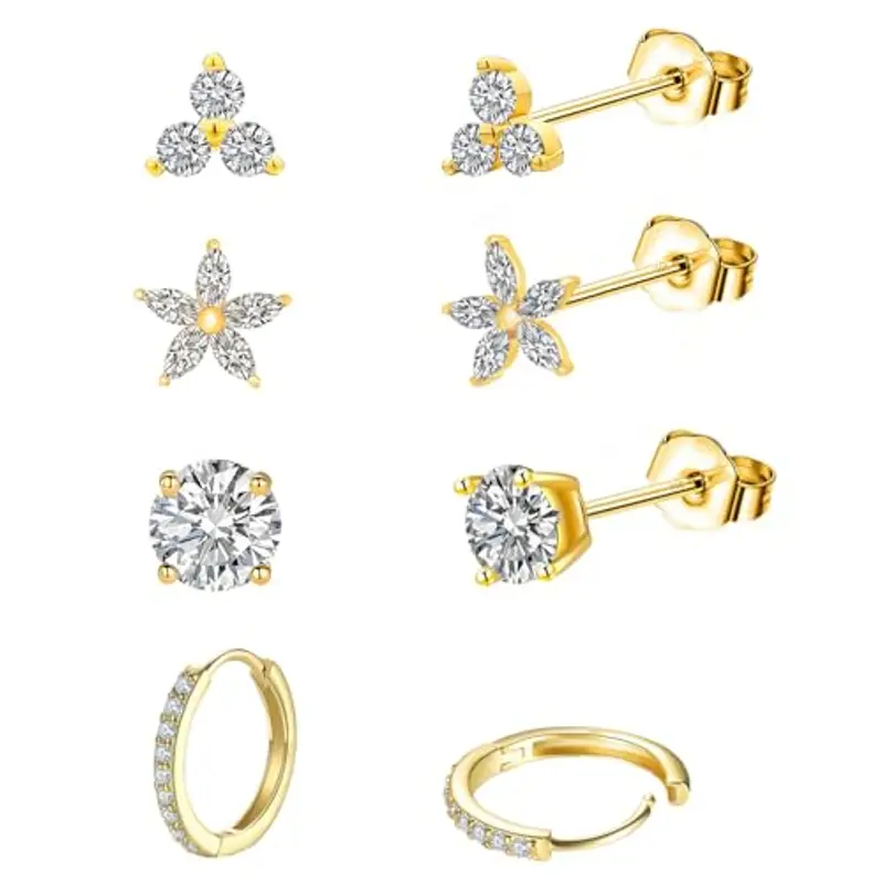 jagosen Oro Stud Hoop Orecchini Set Per Le Donne 4 Coppie Ipoallergeniche Cartilage 9ct Oro Placcato Cubic Zirconia