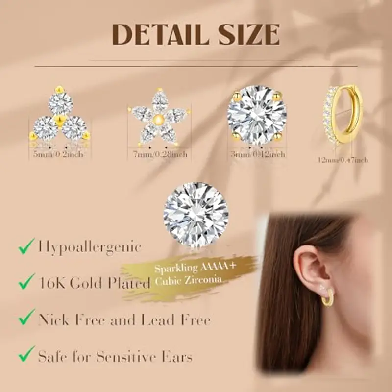 jagosen Oro Stud Hoop Orecchini Set Per Le Donne 4 Coppie Ipoallergeniche Cartilage 9ct Oro Placcato Cubic Zirconia miniatura 2