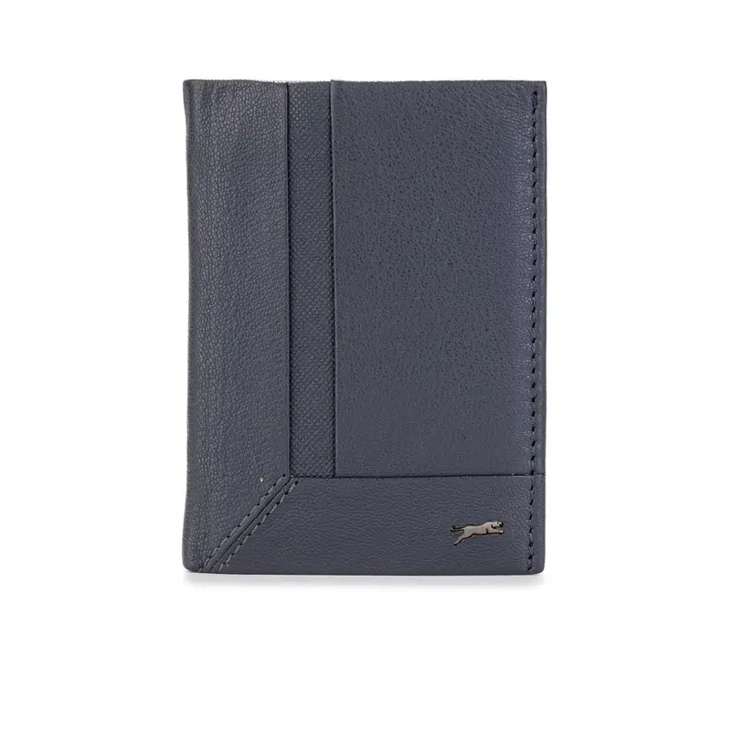 Portafoglio verticale blu da uomo con logo e cuciture
