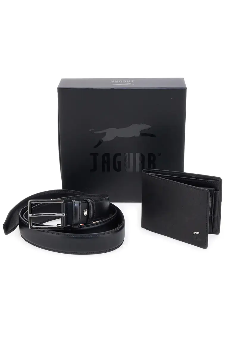 Set Cofanetto cintura e portafoglio nero in vera pelle Jaguar PR001-1 [NERO]