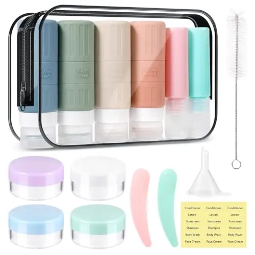 JAMATA Set da Viaggio 16pz in Silicone 100ml,Flaconi Ricaricabili Senza BPA per Shampoo,Lozione e Gel Doccia,Kit