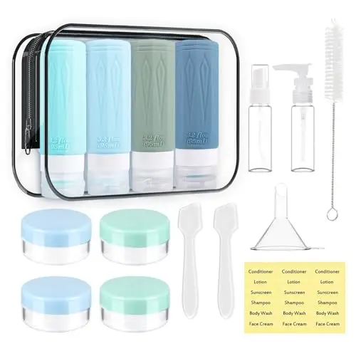 JAMATA Set da Viaggio 16pz in Silicone 95ml,Riutilizzabili e Anti-Perdita,Flaconi da Viaggio 95ml per