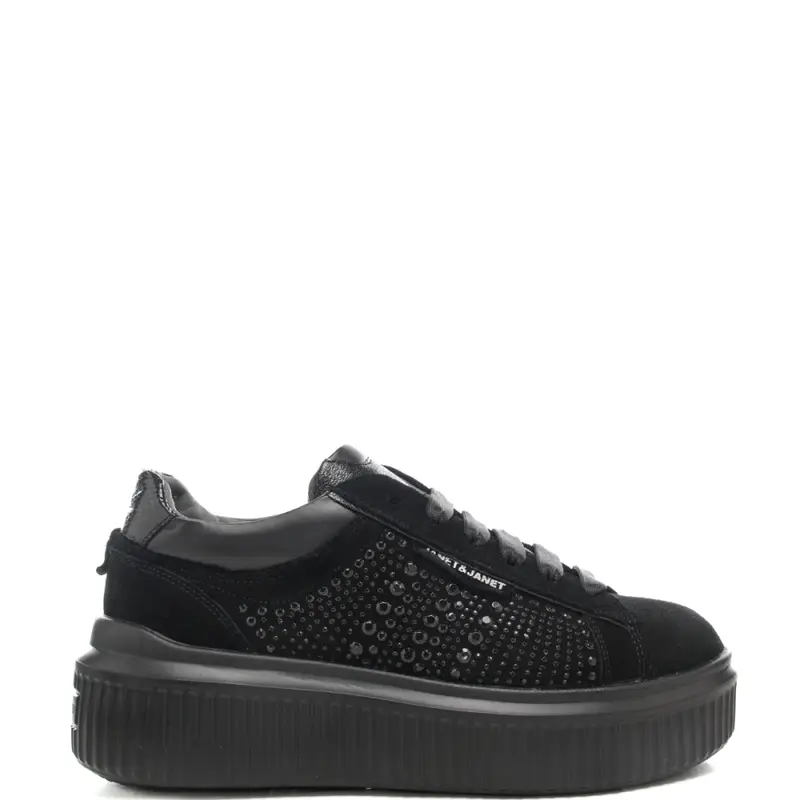 sneakers da donna in suede con borchie e strass sulla parte esterna nere