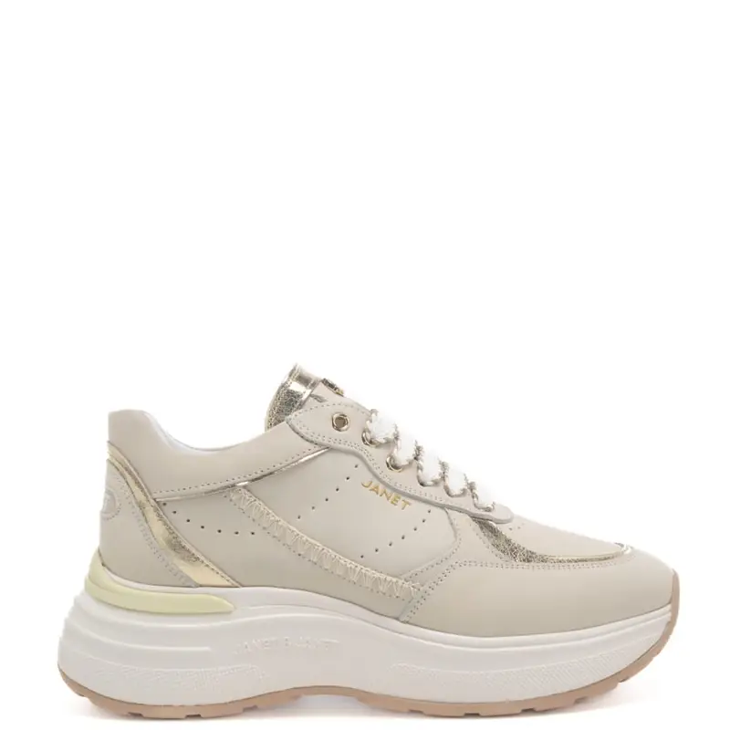 Janet E Janet sneakers da donna in vera pelle con suola alta e inserti con cuciture beige oro