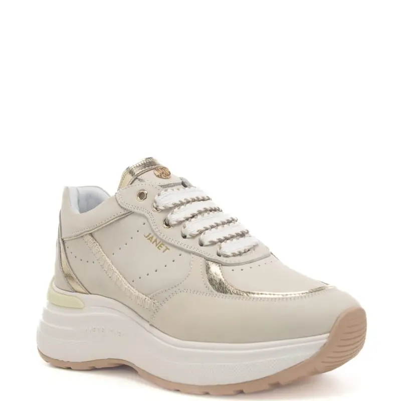 Janet E Janet sneakers da donna in vera pelle con suola alta e inserti con cuciture beige oro miniatura 2
