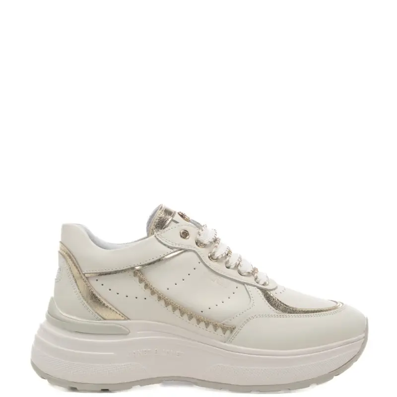 Janet E Janet sneakers da donna in vera pelle con suola alta e inserti con cuciture bianco oro