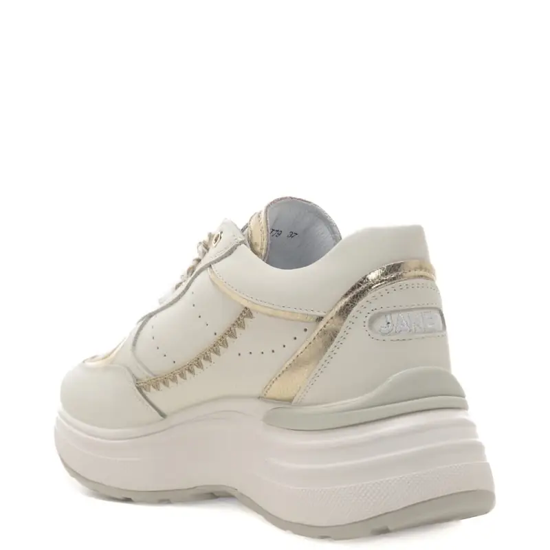 Janet E Janet sneakers da donna in vera pelle con suola alta e inserti con cuciture bianco oro miniatura 2