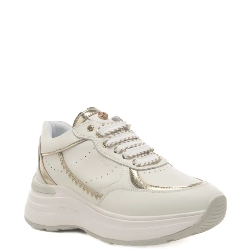 Janet E Janet sneakers da donna in vera pelle con suola alta e inserti con cuciture bianco oro miniatura 3