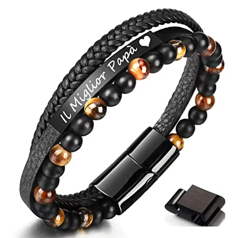 Jbniuay Bracciale Uomo DAD - Braccialetto in Pelle con Incisione 'Il Miglior Papà' - Regalo per la Festa del Papà