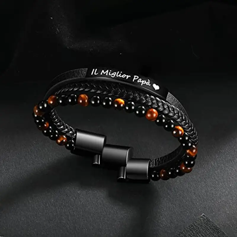 Jbniuay Bracciale Uomo DAD - Braccialetto in Pelle con Incisione 'Il Miglior Papà' - Regalo per la Festa del Papà miniatura 2
