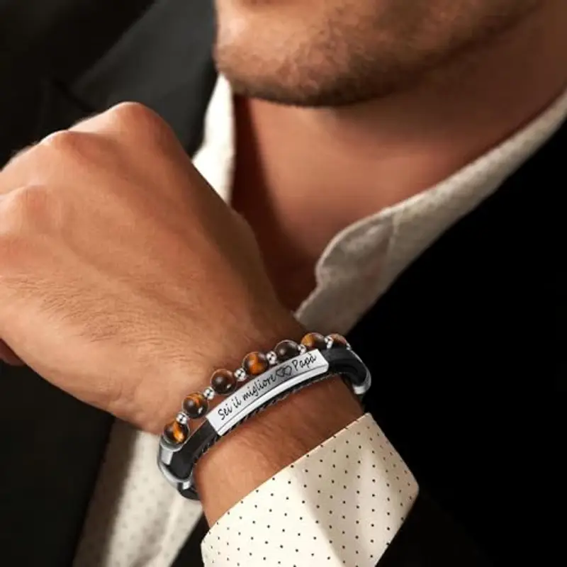 Jbniuay Regalo festa del papà Regalo Papà Bracciale Uomo Papà Braccialetto Uomo in Pelle con incisione Sei il migliore, Papà - Bracciale di perle naturali, Idea Regalo Papà Festa del Papà miniatura 2