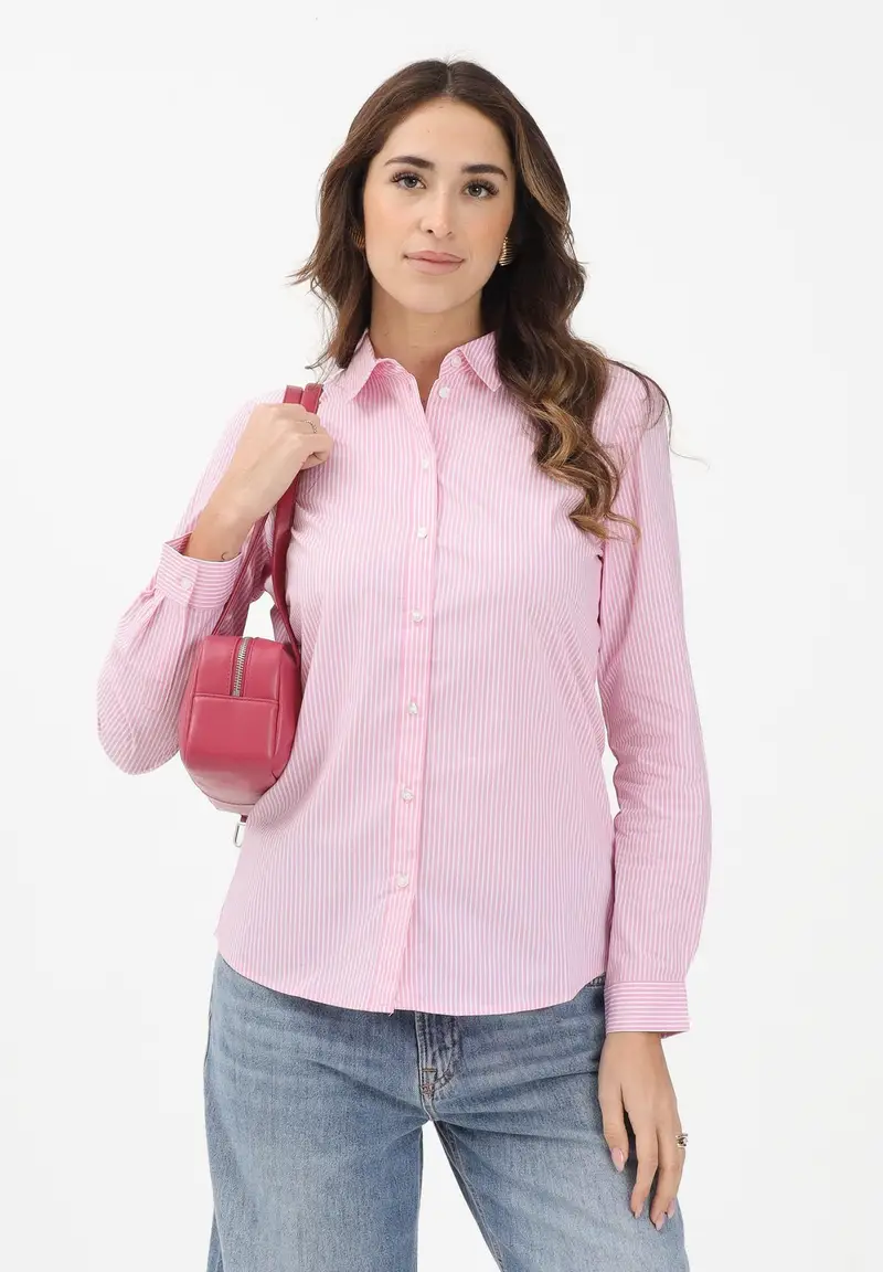 Camicia a manica lunga da donna realizzata in tessuto rosa con sottile motivo a righe miniatura 2