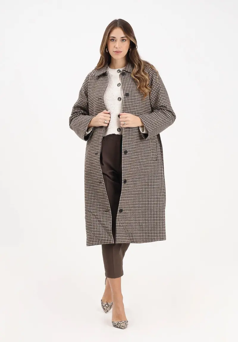 Cappotto lungo marrone da donna con motivo pied de poule miniatura 2