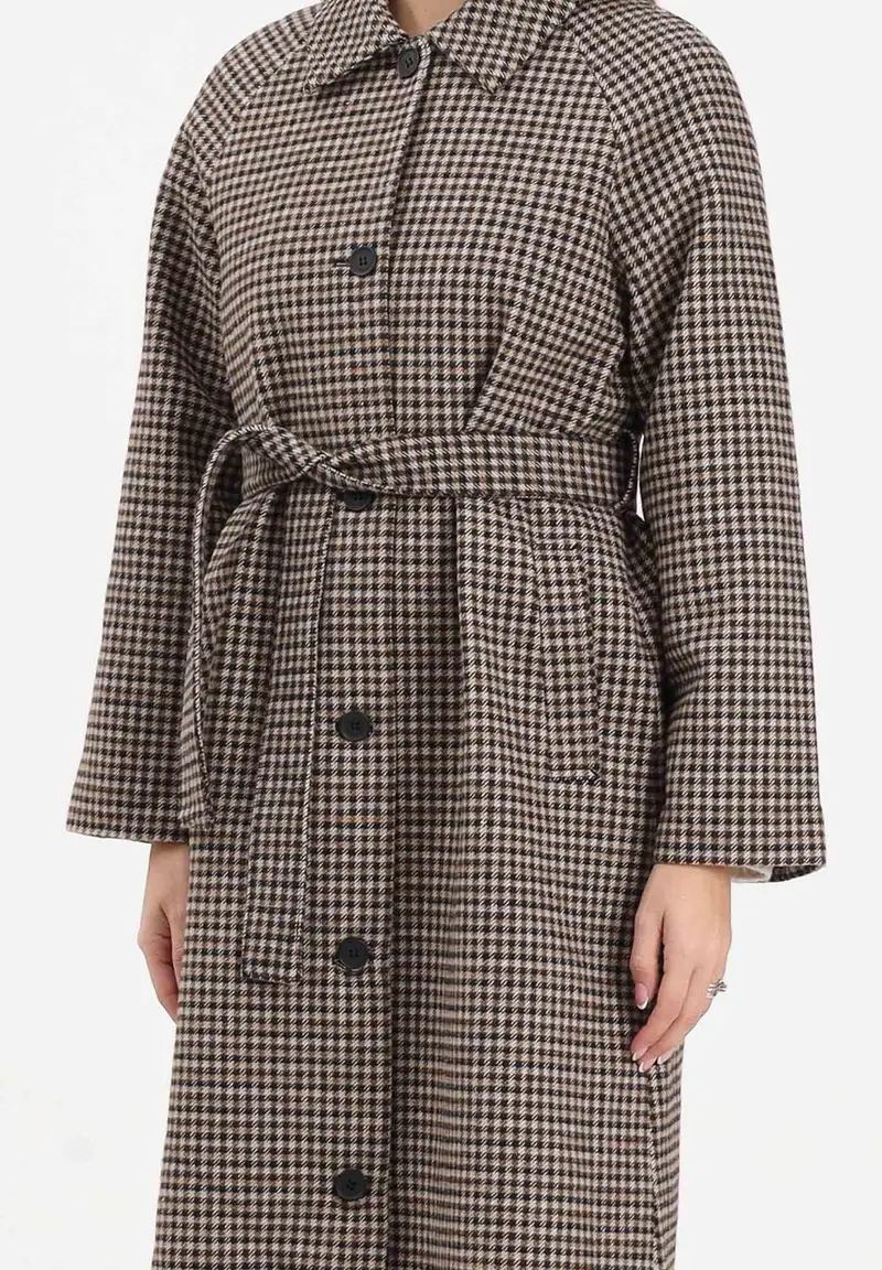 Cappotto lungo marrone da donna con motivo pied de poule miniatura 3