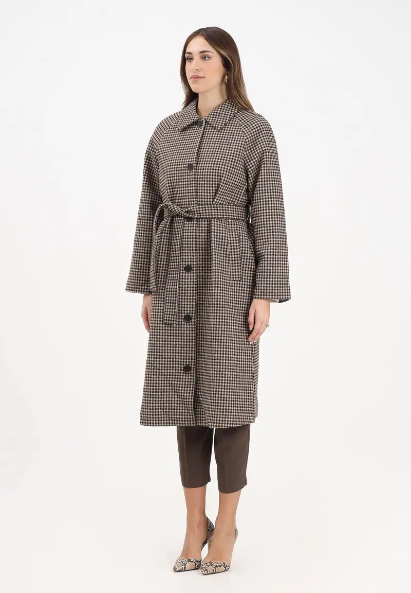 Cappotto lungo marrone da donna con motivo pied de poule