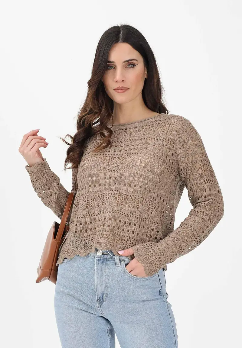 Maglia traforata fango da donna miniatura 2