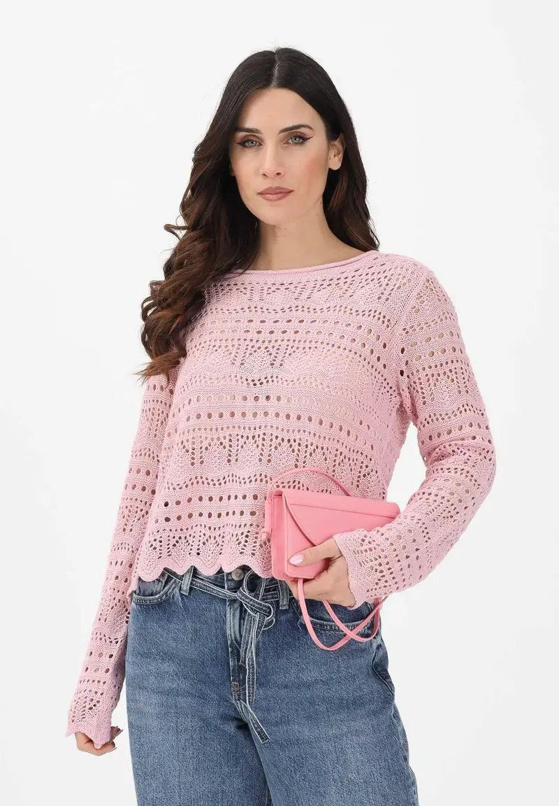 Maglia traforata rosa da donna miniatura 2