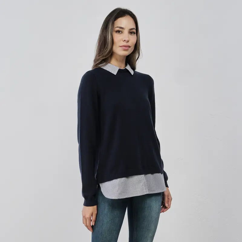 Maglioncino blu da donna con inserto camicia