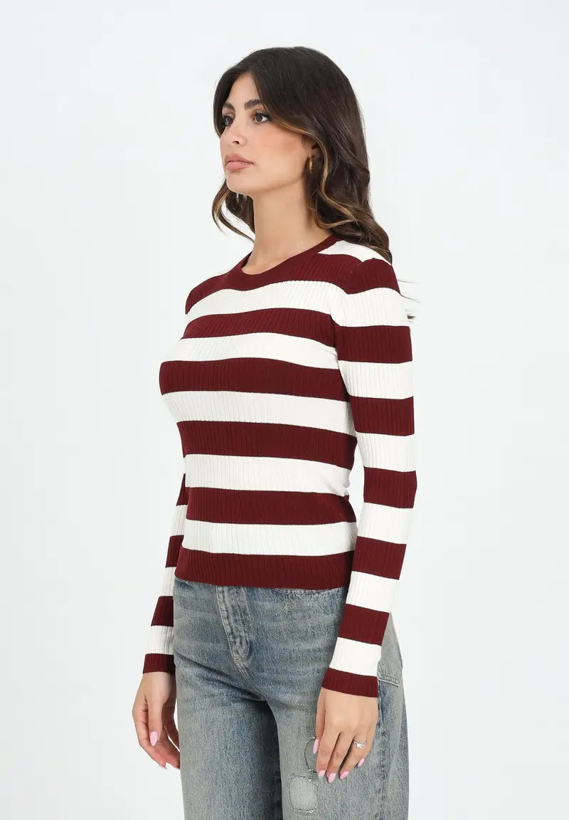 JDY Maglioncino girocollo a righe bordeaux e panna da donna