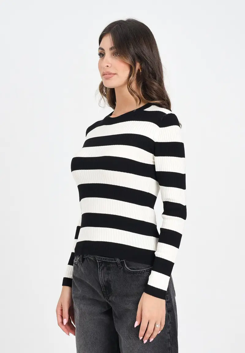 JDY Maglioncino girocollo a righe nere e panna da donna
