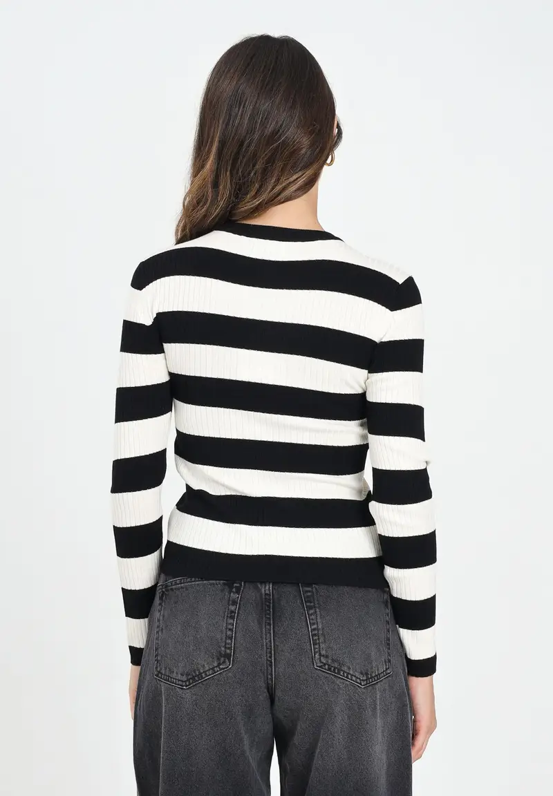 JDY Maglioncino girocollo a righe nere e panna da donna miniatura 3
