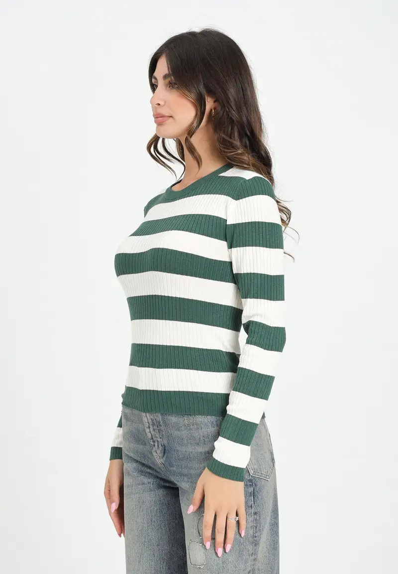 JDY Maglioncino girocollo a righe verdi e panna da donna