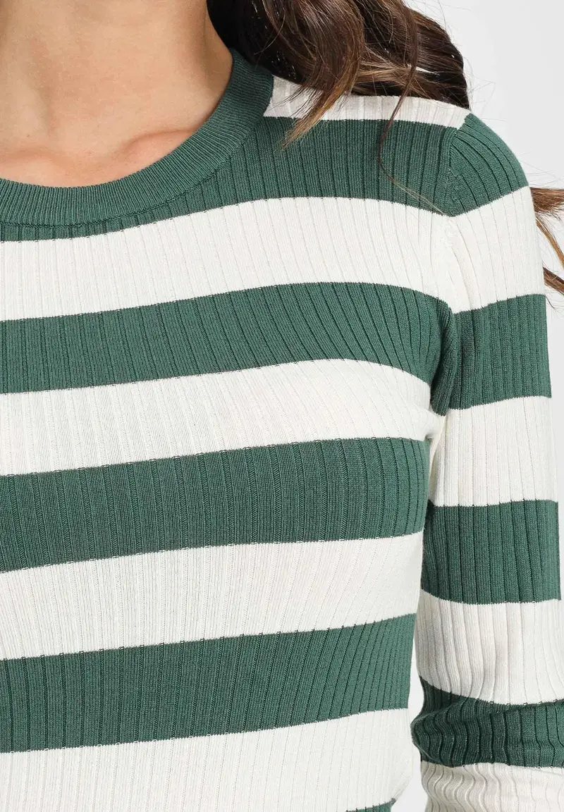 JDY Maglioncino girocollo a righe verdi e panna da donna miniatura 2