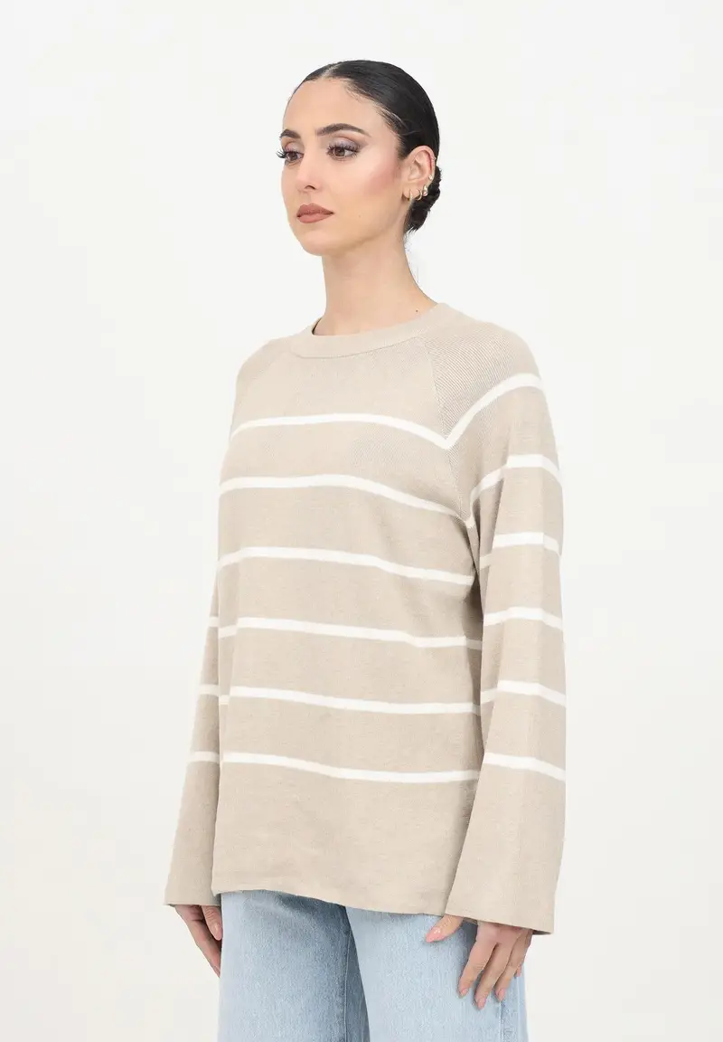 JDY Maglioncino girocollo beige da donna con righe orizzontali