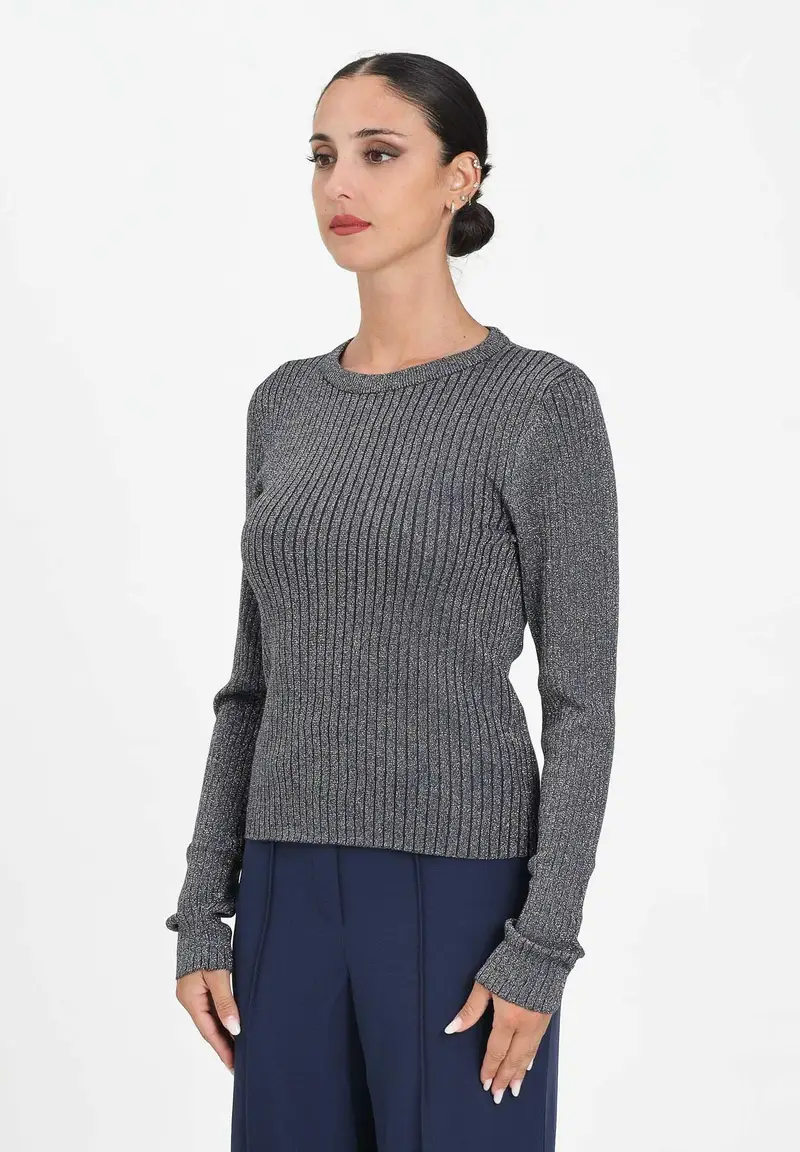 JDY Maglioncino girocollo blu da donna in tessuto a costine con delicato filo lurex