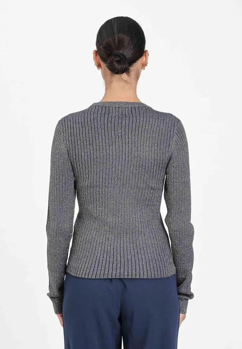 JDY Maglioncino girocollo blu da donna in tessuto a costine con delicato filo lurex miniatura 3