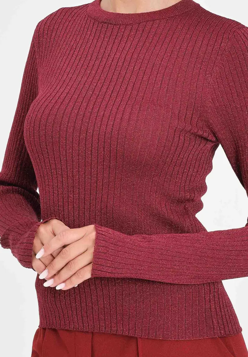 JDY Maglioncino girocollo bordeaux da donna realizzata in tessuto a costine con delicato filo lurex miniatura 2