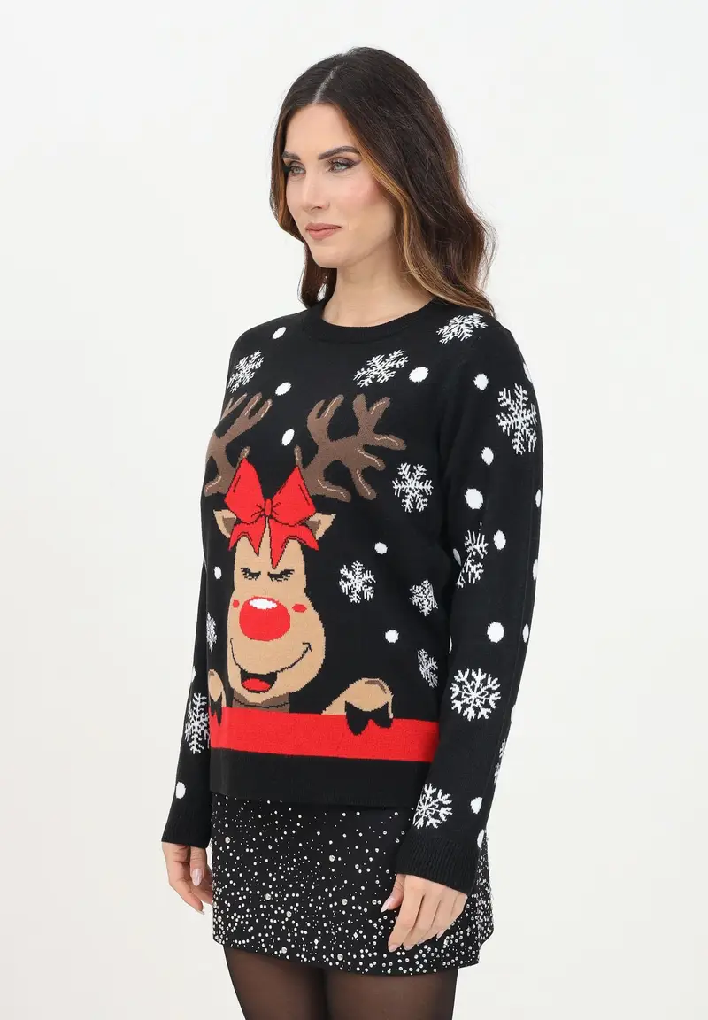 JDY Maglioncino girocollo nero da donna con renna