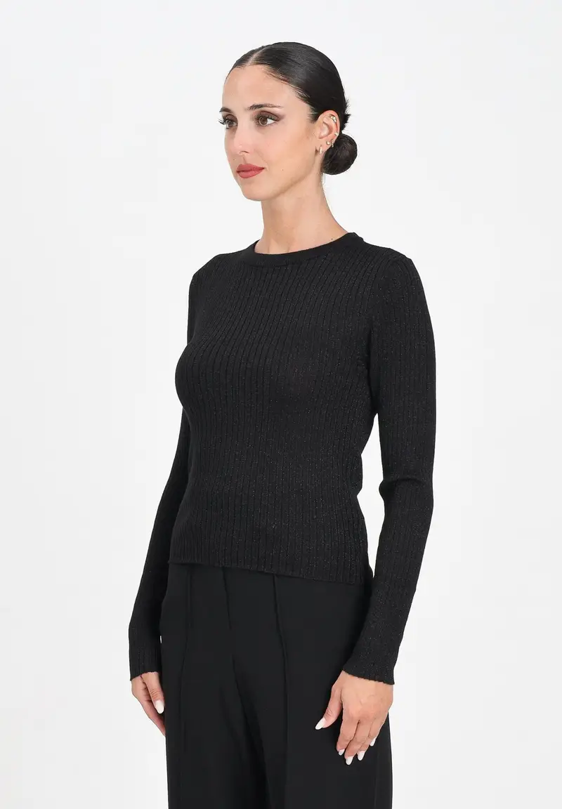 JDY Maglioncino girocollo nero da donna realizzata in tessuto a costine con delicato filo lurex