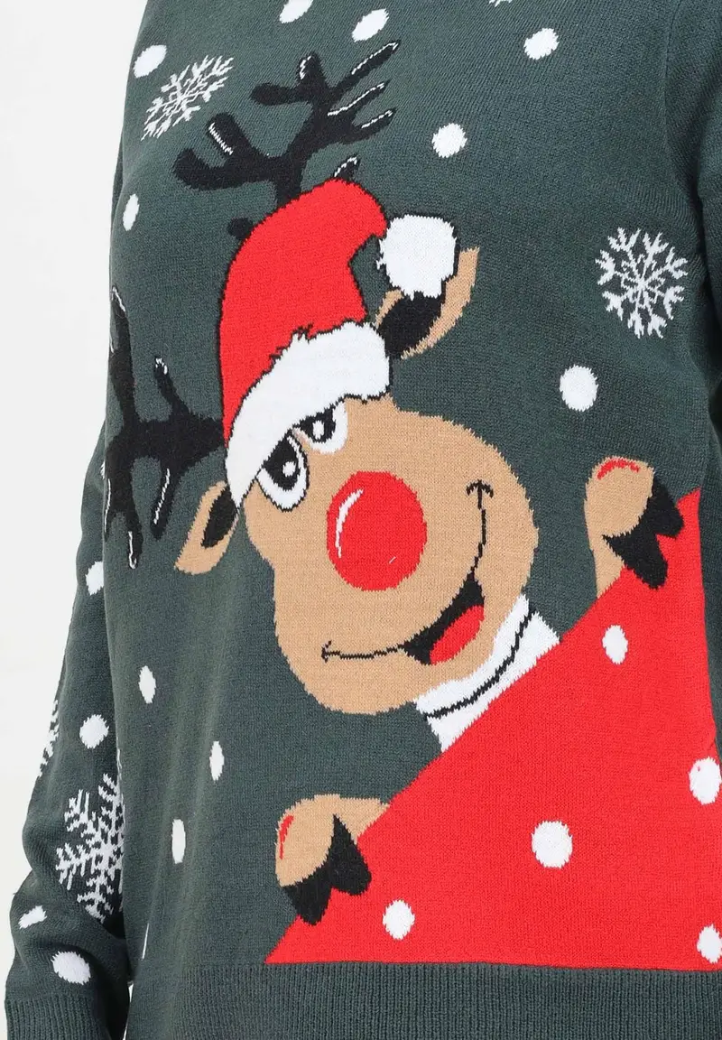 JDY Maglioncino girocollo verde da donna con renna miniatura 2