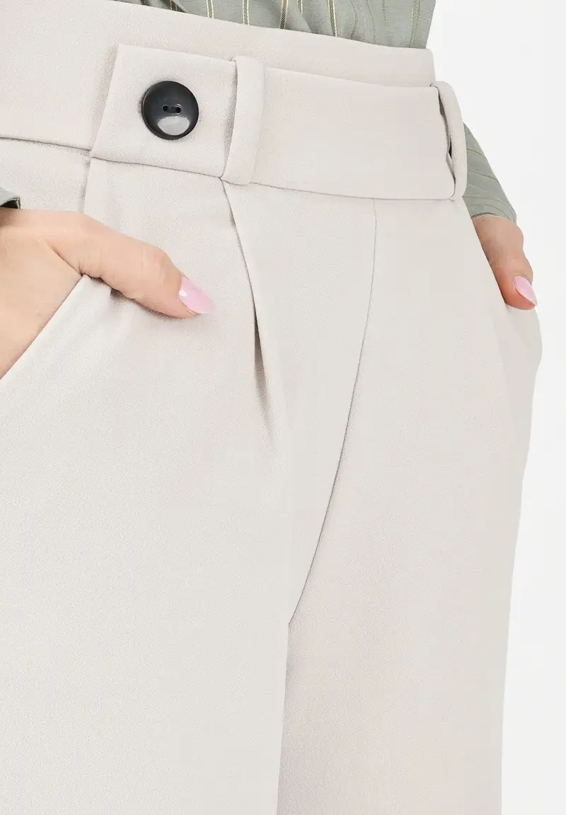 Pantalone beige da donna a vita alta miniatura 3