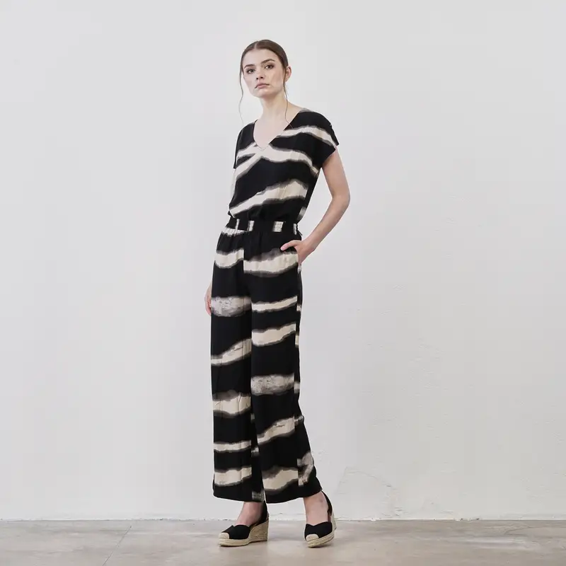 Pantaloni lunghi morbidi neri in fantasia animalier