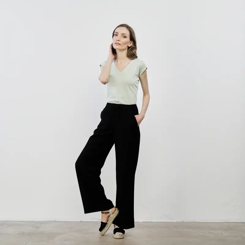 Pantaloni neri lunghi misto lino con coulisse in vita
