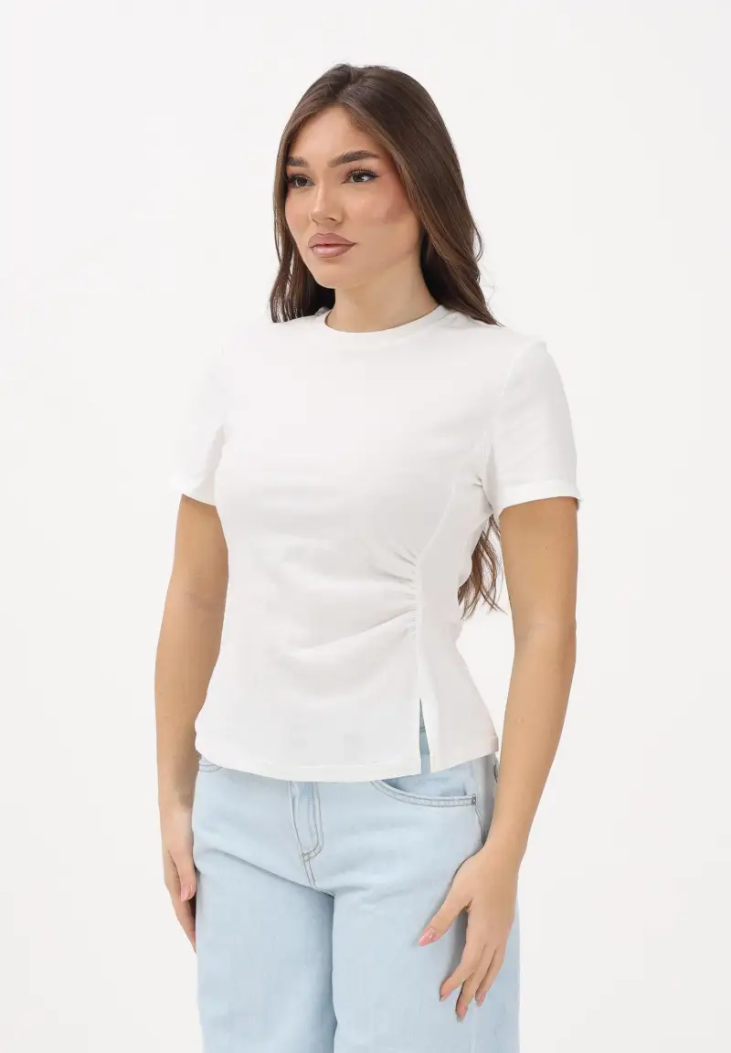 T-shirt a manica corta bianca da donna con drappeggio