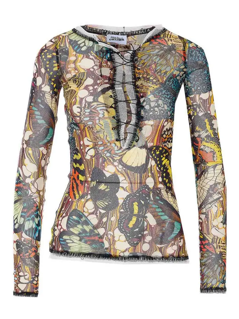 Top in rete riedizione gialla e multicolore