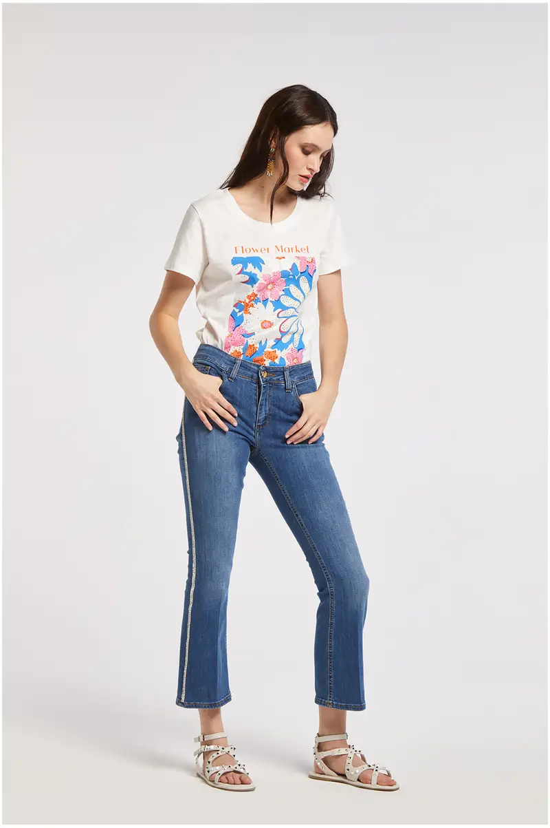 jeans cropped flare in tela superstretch con strass blu medio 27