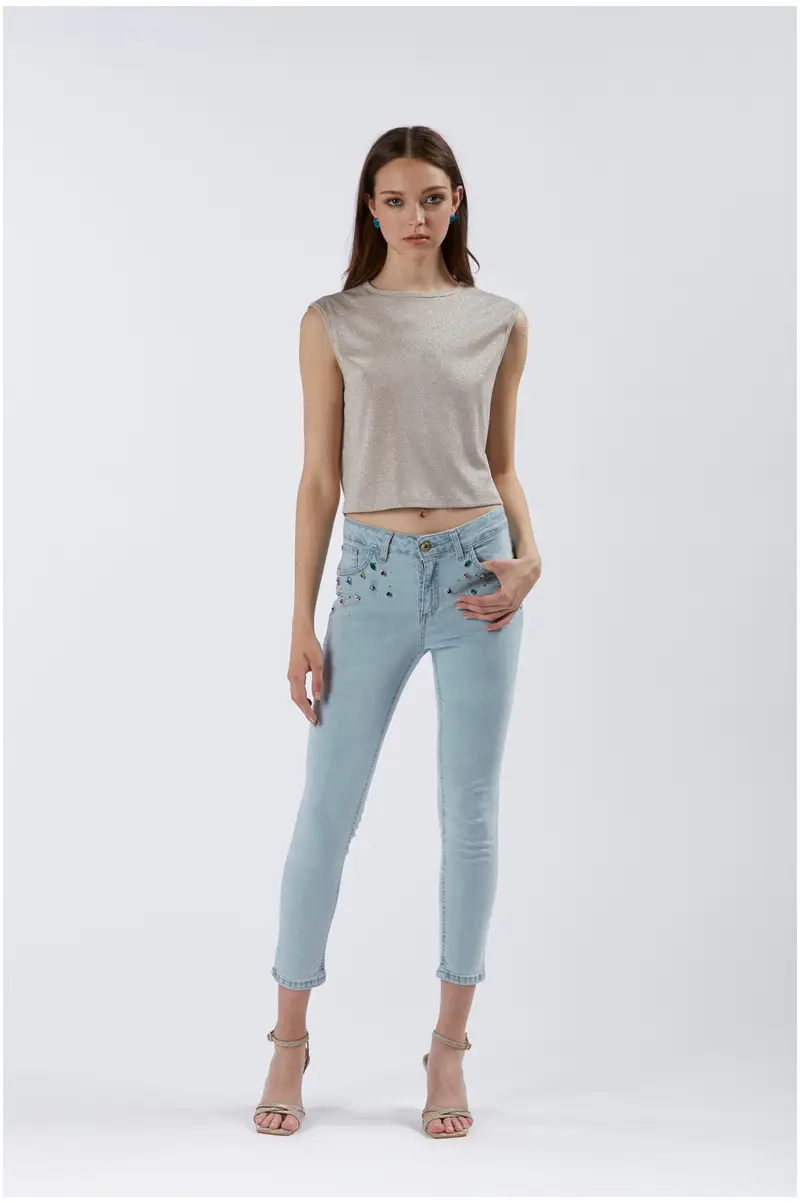 jeans denim skinny con strass multicolor bleach
