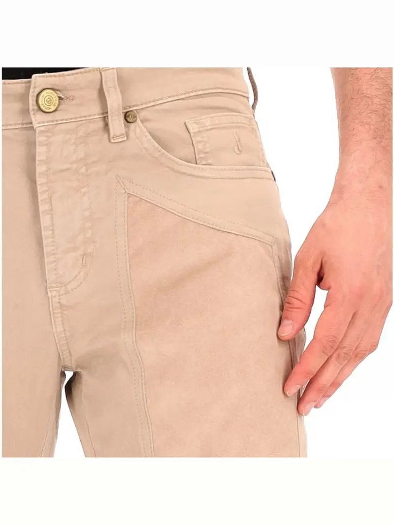 Jeckerson pantalone in denim beige uomo toppe in camoscio tono su tono patch logo sul retro miniatura 3