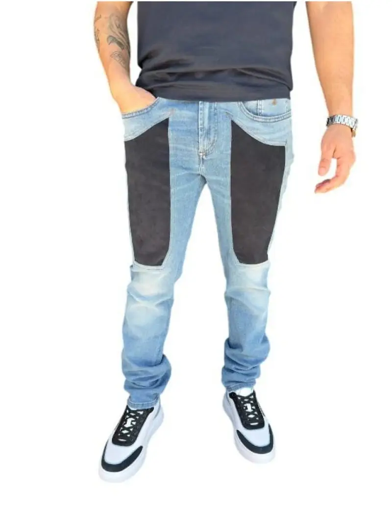 Jeckerson pantalone in denim uomo toppe in alcantara blu navy logo sul retro