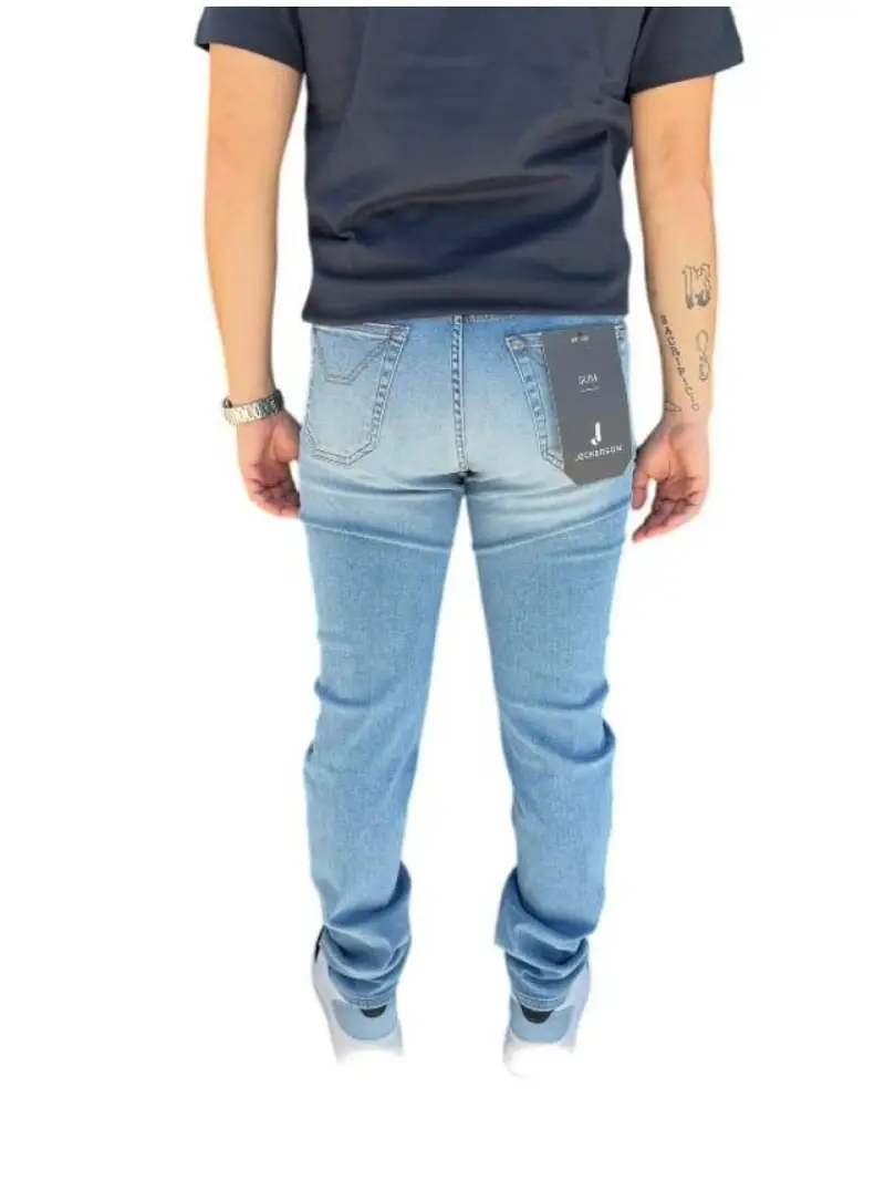 Jeckerson pantalone in denim uomo toppe in alcantara blu navy logo sul retro miniatura 2