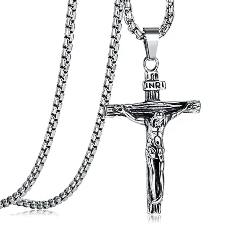 JeweBella Collana Croce Uomo Acciaio Inossidabile Gesù Crocifisso Pendente Collana con Catena Veneziana 61CM Argento/Oro/Nero Religioso Regalo Gioielli
