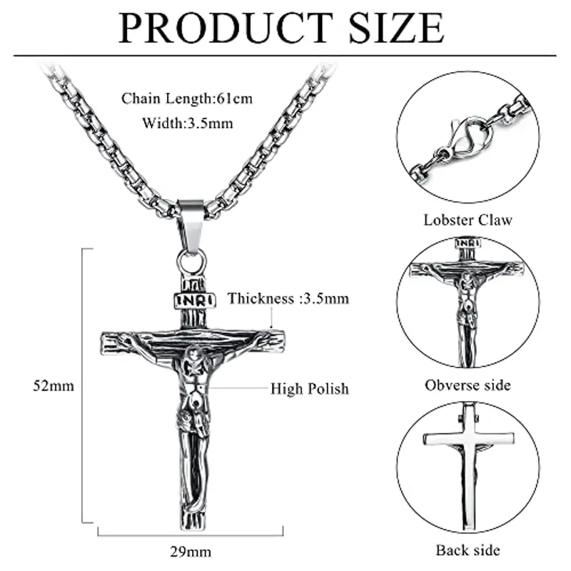 JeweBella Collana Croce Uomo Acciaio Inossidabile Gesù Crocifisso Pendente Collana con Catena Veneziana 61CM Argento/Oro/Nero Religioso Regalo Gioielli miniatura 2