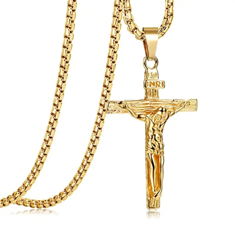 JeweBella Collana Croce Uomo Acciaio Inossidabile Gesù Crocifisso Pendente Collana con Catena Veneziana 61CM Argento/Oro/Nero Religioso Regalo Gioielli (Oro)