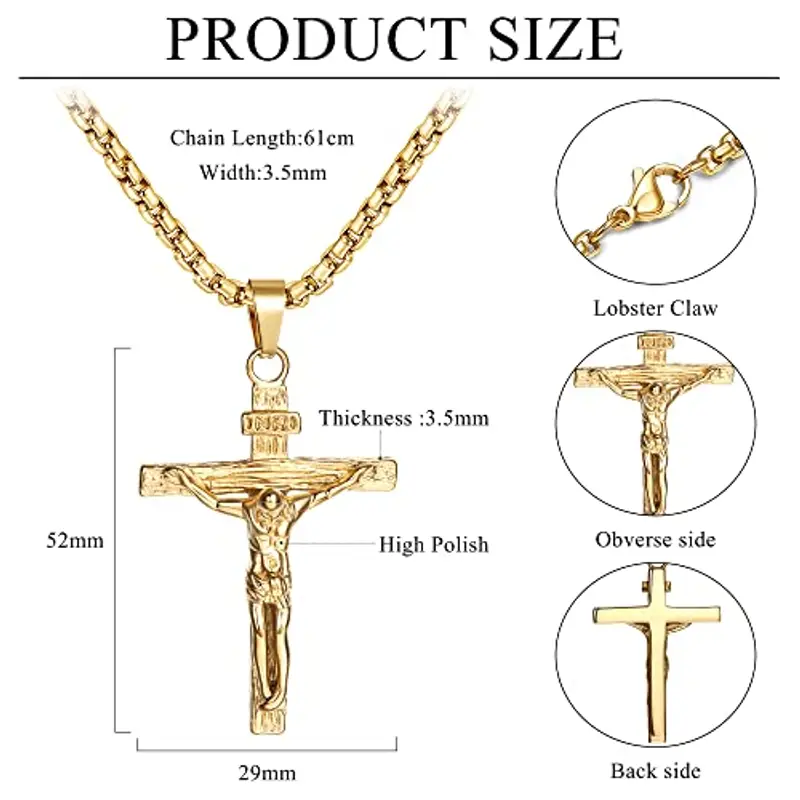 JeweBella Collana Croce Uomo Acciaio Inossidabile Gesù Crocifisso Pendente Collana con Catena Veneziana 61CM Argento/Oro/Nero Religioso Regalo Gioielli (Oro) miniatura 2