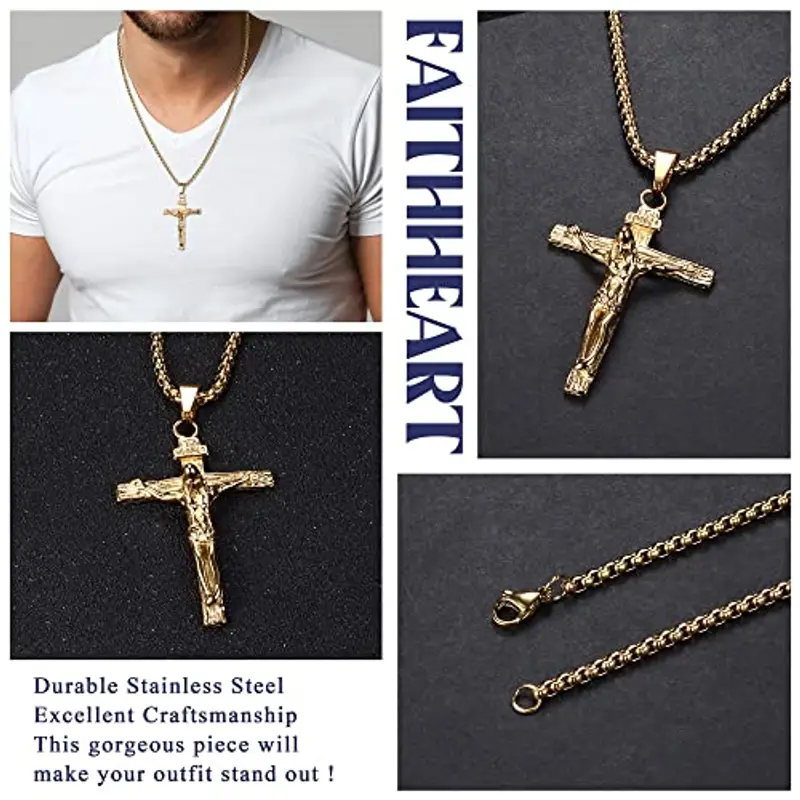 JeweBella Collana Croce Uomo Acciaio Inossidabile Gesù Crocifisso Pendente Collana con Catena Veneziana 61CM Argento/Oro/Nero Religioso Regalo Gioielli (Oro) miniatura 3
